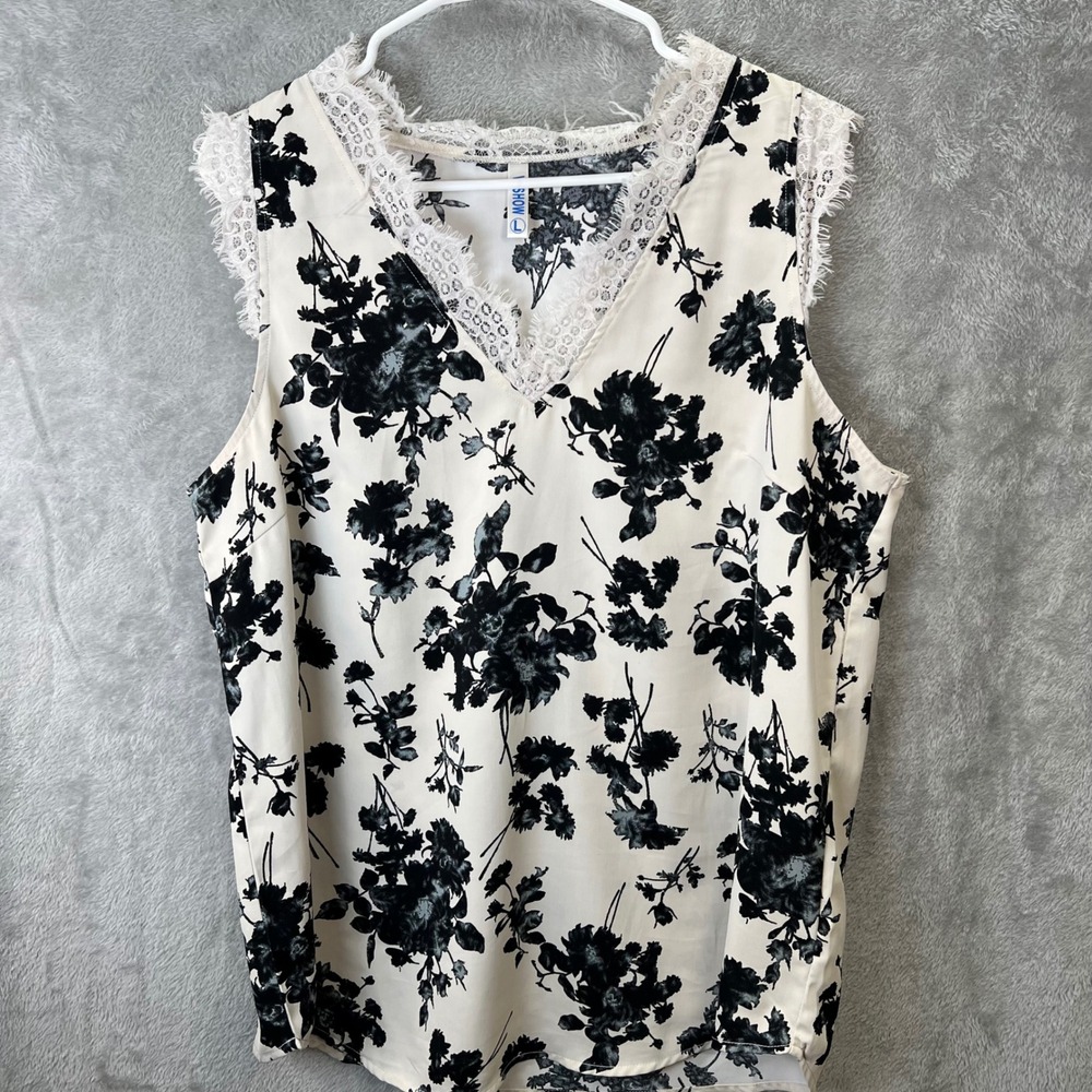 VIISHOW Womens L Floral Blouse‎ Cream Black Lace Trim Victorian Shabby Chic Boho
